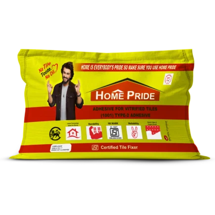 Home Pride 1001 Vitrified Tile Adhesive 20kg bag - ISI Type 2, polymer-modified C2T adhesive for secure fixing of vitrified and ceramic tiles on interior walls/floors and exterior floors.
