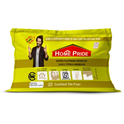 Home Pride 1031 Super Platinum Stone Adhesive 20kg bag - High-strength, C2TES2 flexible tile adhesive for exterior facades, heavy stone, and underwater applications.