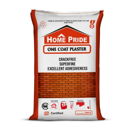Bag of Home Pride One Coat Plaster, a certified, crack-free, superfine gypsum plaster. This one-coat application provides excellent adhesiveness and durability for interior walls.