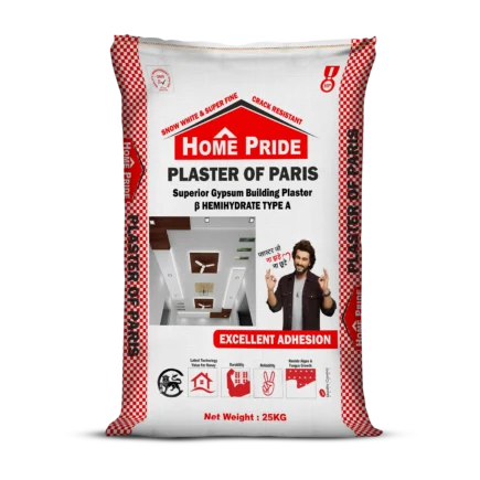 Bag of Home Pride Plaster of Paris (POP), a superior quality gypsum plaster. It is snow white, super fine, crack resistant, and provides excellent adhesion for internal wall finishing.