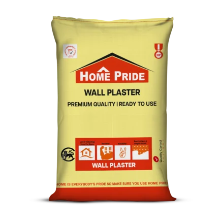 Bag of Home Pride Wall Plaster, a premium quality, ready-to-use dry mix for walls. The plaster resists algae & fungus growth and offers excellent durability and reliability for masonry surfaces.