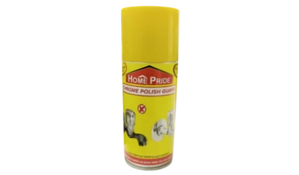 Spray can of Home Pride Chrome Polish Guard, a protective coating for tap & accessories to guard against hard water stains, soap, scum & dirt. It is effective for CP fittings and removes hard scaling.