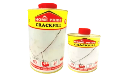 Cans of Home Pride Crackfill (Component A & B), a two-component epoxy resin and hardener system. Used for filling cracks and marble joints, this clear and transparent product is ideal for light natural stone strengthening.