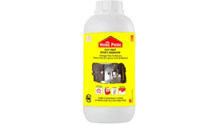 Bottle of Home Pride Cutfast Epoxy Remover, a powerful chemical cleaner designed to remove grout epoxy, adhesive, and hard stains from tile and stone surfaces. It is fast-acting and non-corrosive.