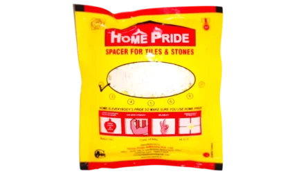 Bag of Home Pride Tile Spacers and close-up image showing cross-shaped spacers ensuring uniform grout joint width. These tiling accessories are heavy-duty plastic and available in sizes from 2mm to 10mm.