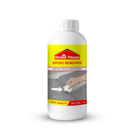 Bottle of Home Pride Cutfast Epoxy Remover, a powerful chemical cleaner designed to remove grout epoxy, adhesive, and hard stains from tile and stone surfaces. It is fast-acting and non-corrosive.