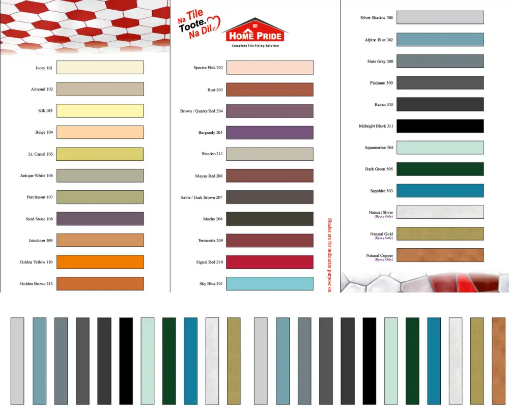 Epoxy grout shades card showing epoxy grout colour options