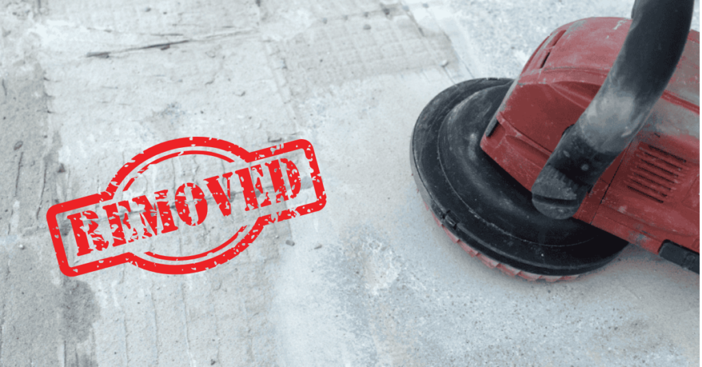 Before and after view of floor tile adhesive removal showing clean and smooth floor surface