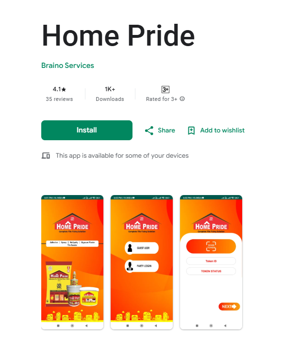 Home Pride app product catalog for tile adhesive and epoxy grout