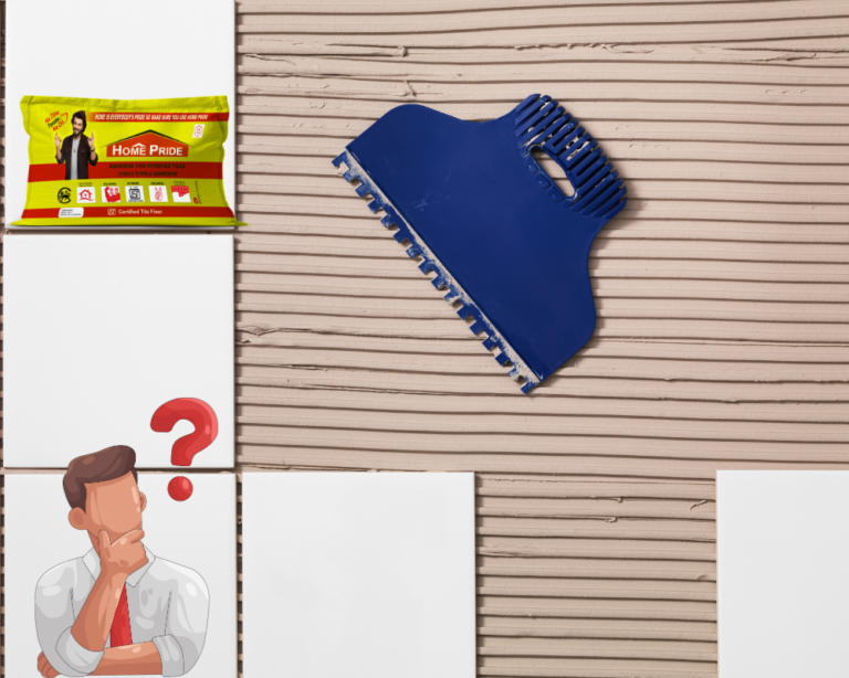 Tile adhesive being applied for floor and wall tile installation