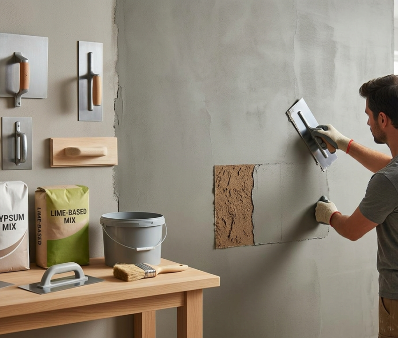 wall plaster application process on brick wall