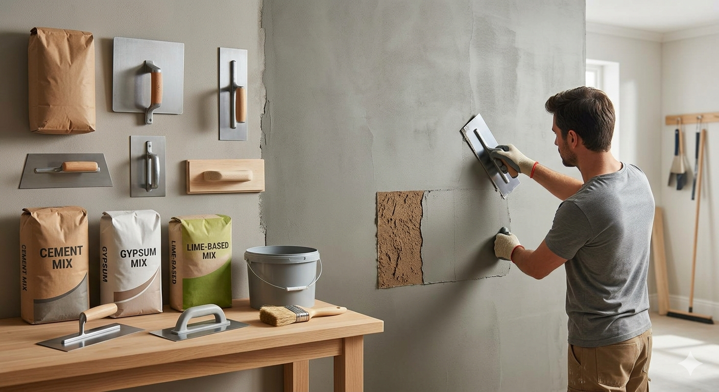 wall plaster application process on brick wall